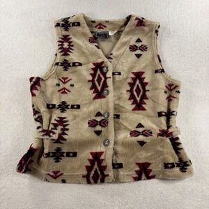 Studio West Vest Womens L Tan Burgundy Tribal Faux Fur Button Front Excellent